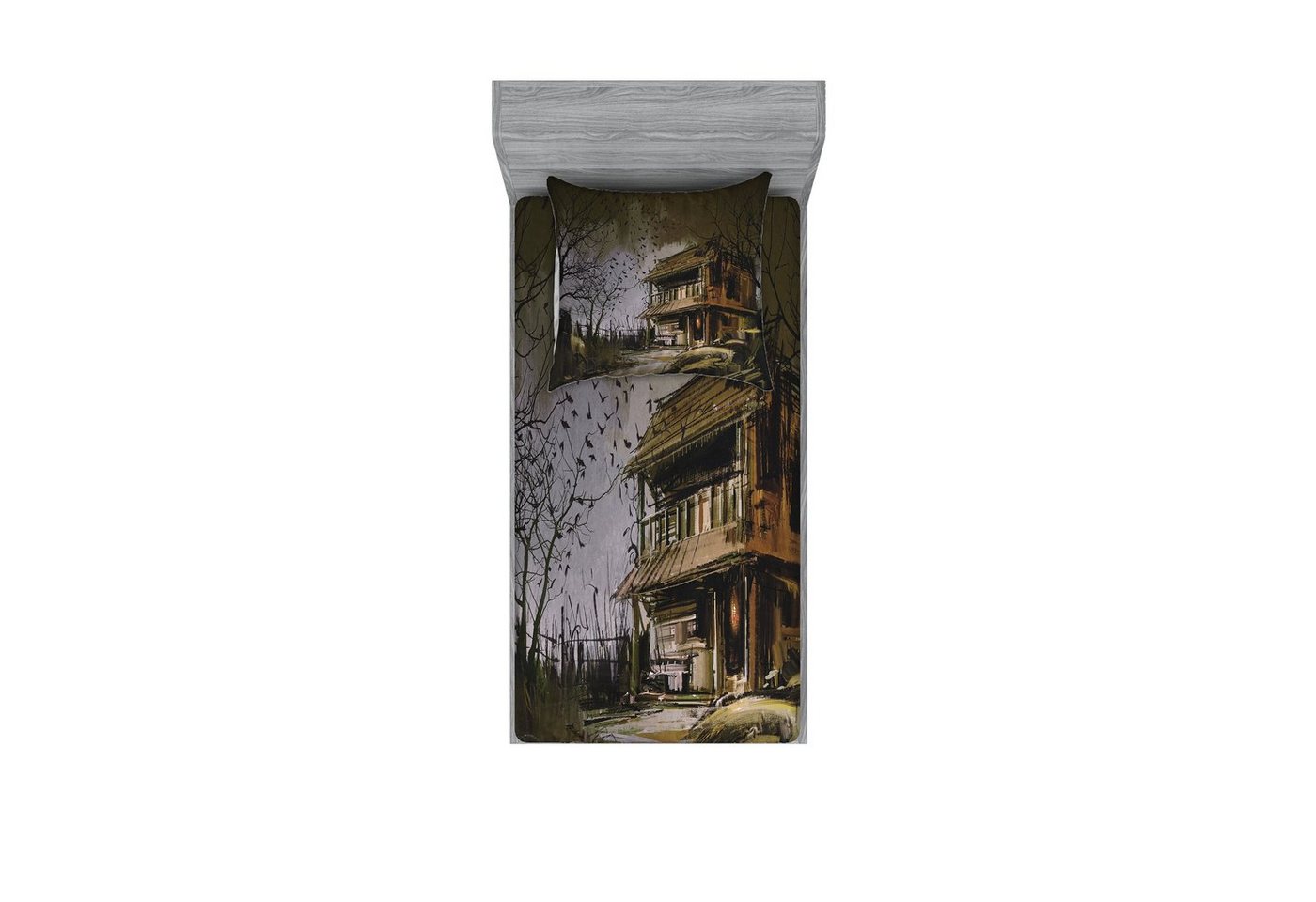Bettwäsche bedrucktes 2-teiliges Bettwäscheset, Abakuhaus, Microfaser, Rustikal Holz Haunted House von Abakuhaus
