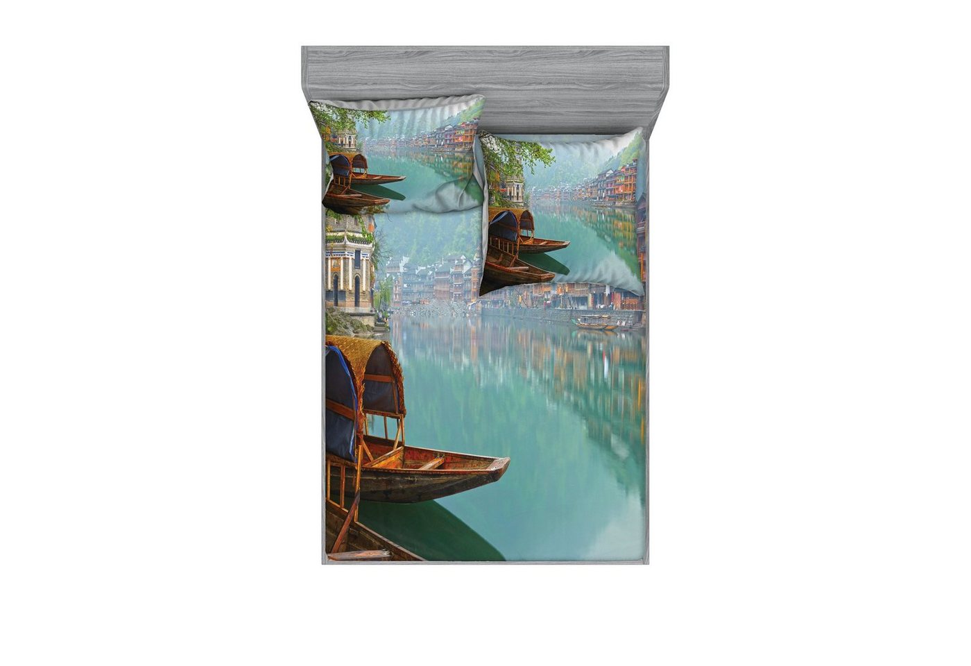 Abakuhaus Bettwäsche bedrucktes 3-teiliges Bettwäscheset, Microfaser, Bauernhaus Chinesisches Holz Canal von Abakuhaus