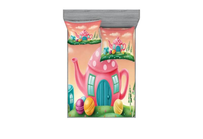 Abakuhaus Bettwäsche bedrucktes 3-teiliges Bettwäscheset, Microfaser, Fantasie Teekanne und Teacup Haus von Abakuhaus