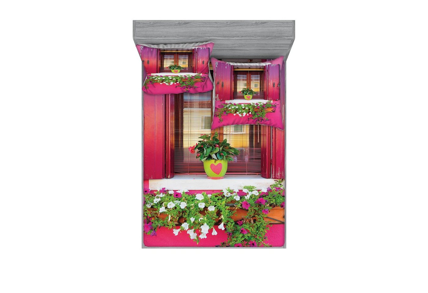 Bettwäsche bedrucktes 3-teiliges Bettwäscheset, Abakuhaus, Microfaser, Stadt-Liebe Außen Vintage-Fenster Blumen von Abakuhaus
