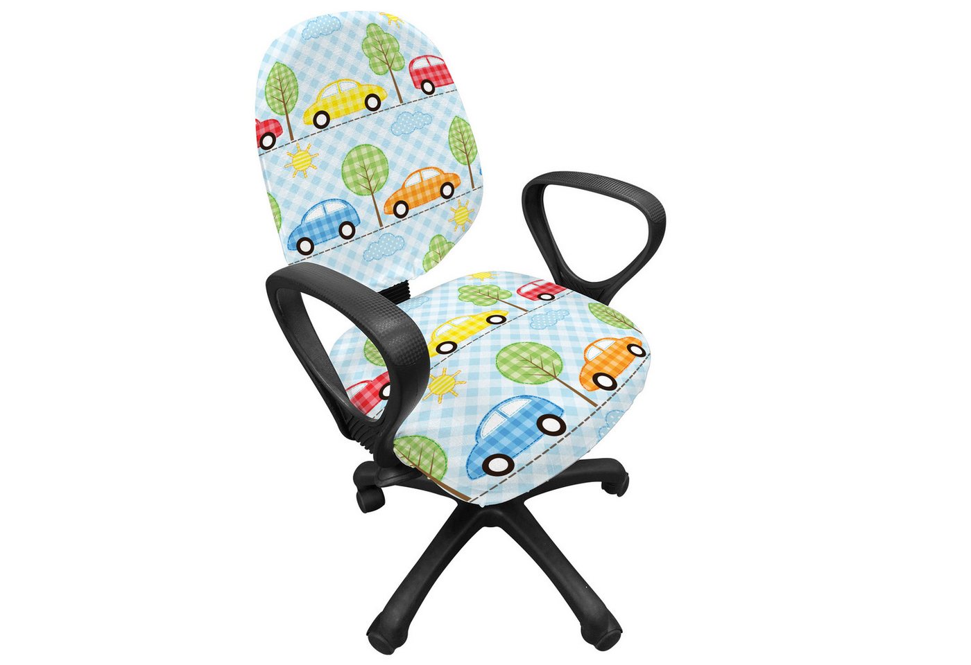 Abakuhaus Bürostuhlhusse dekorative Schutzhülle aus Stretchgewebe, Baby Checkered Autos mit Bäumen Abakuhaus Bürostuhlhusse dekorative Schutzhülle aus Stretchgewebe, Baby Checkered Autos mit Bäumen von Abakuhaus