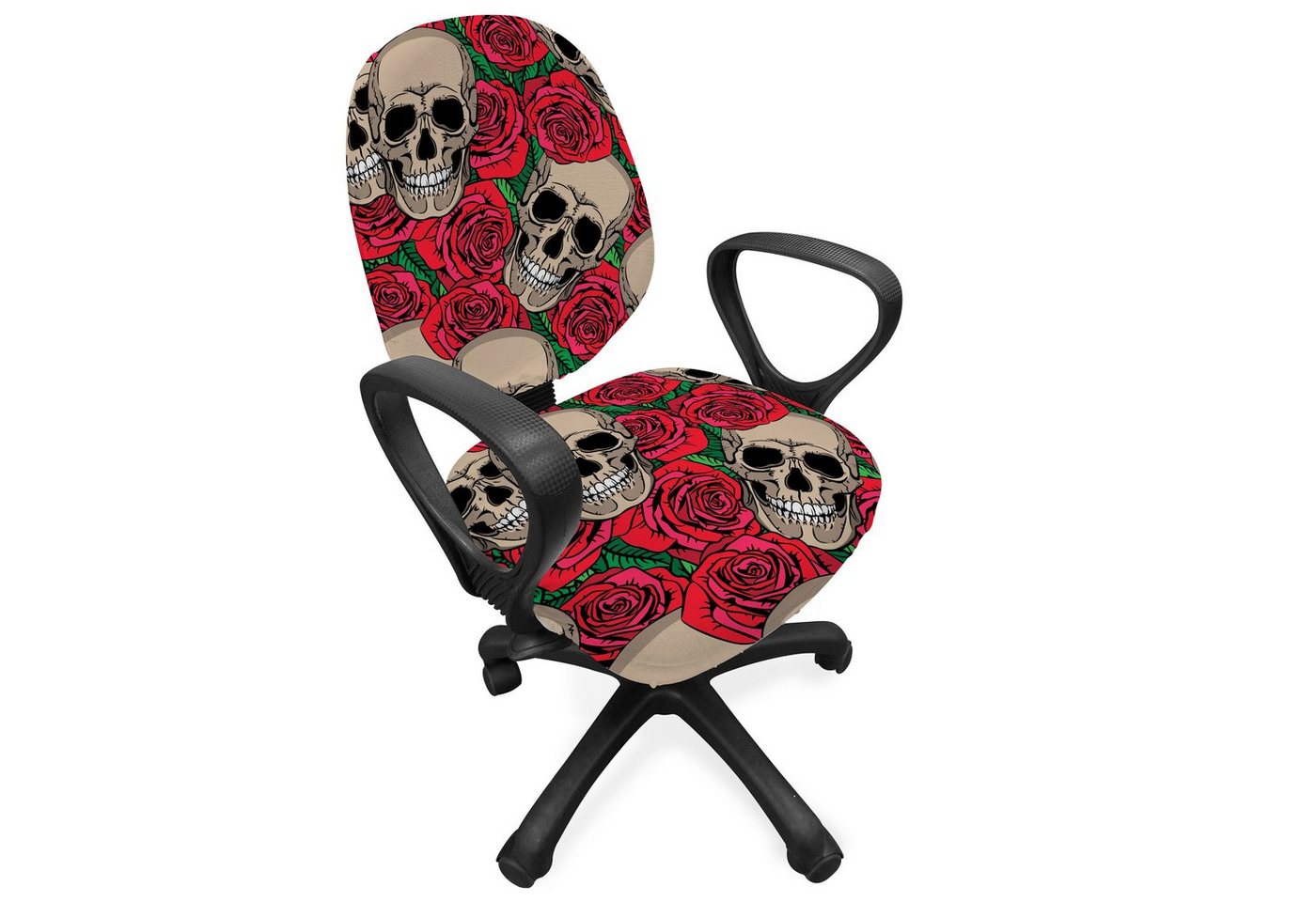 Abakuhaus Bürostuhlhusse dekorative Schutzhülle aus Stretchgewebe, Rose Schädel rote Blüten Retro Abakuhaus Bürostuhlhusse dekorative Schutzhülle aus Stretchgewebe, Rose Schädel rote Blüten Retro von Abakuhaus
