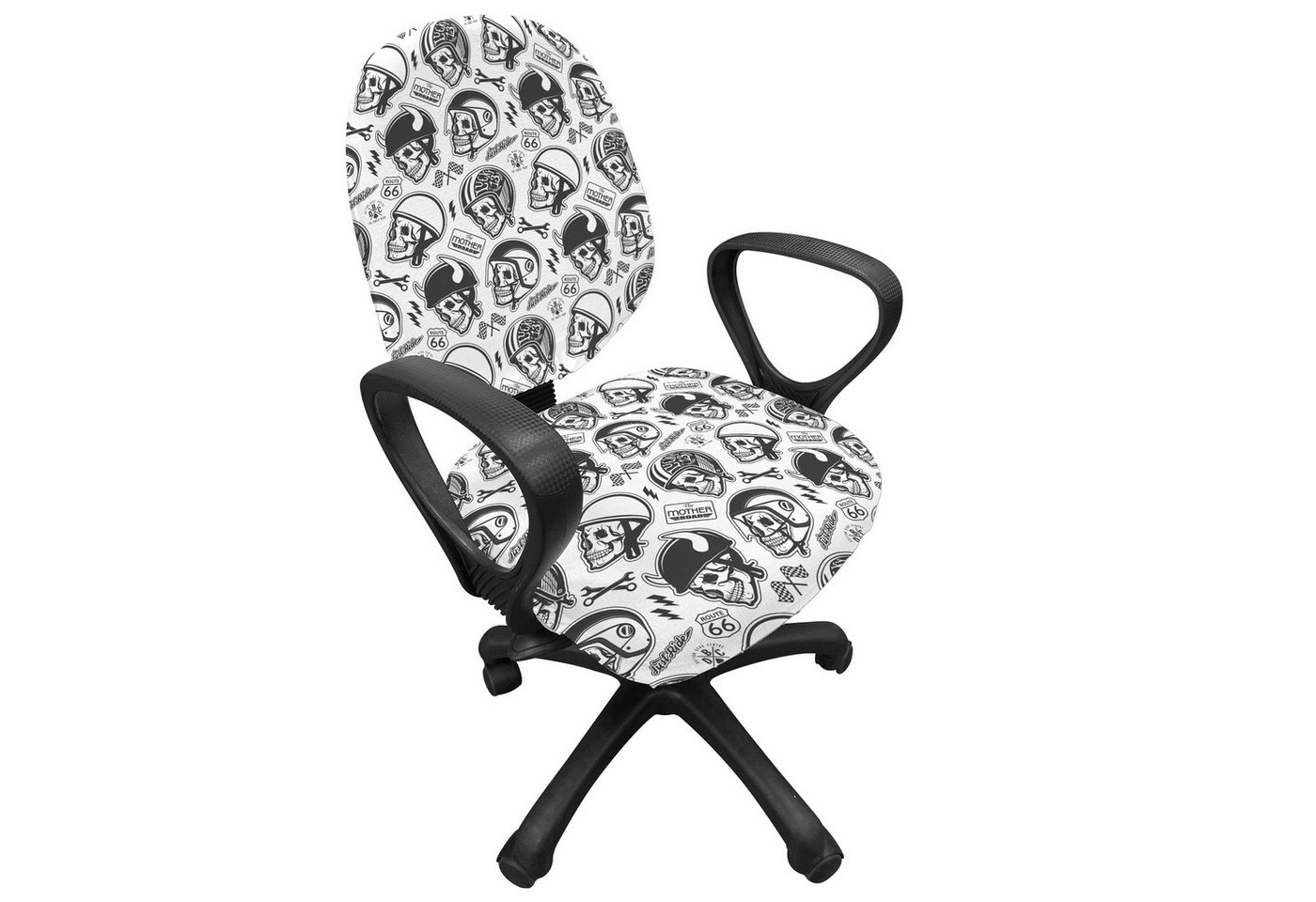 Abakuhaus Bürostuhlhusse dekorative Schutzhülle aus Stretchgewebe, Schwarz-Weiss Reiter-Schädel-Muster Abakuhaus Bürostuhlhusse dekorative Schutzhülle aus Stretchgewebe, Schwarz-Weiss Reiter-Schädel-Muster von Abakuhaus