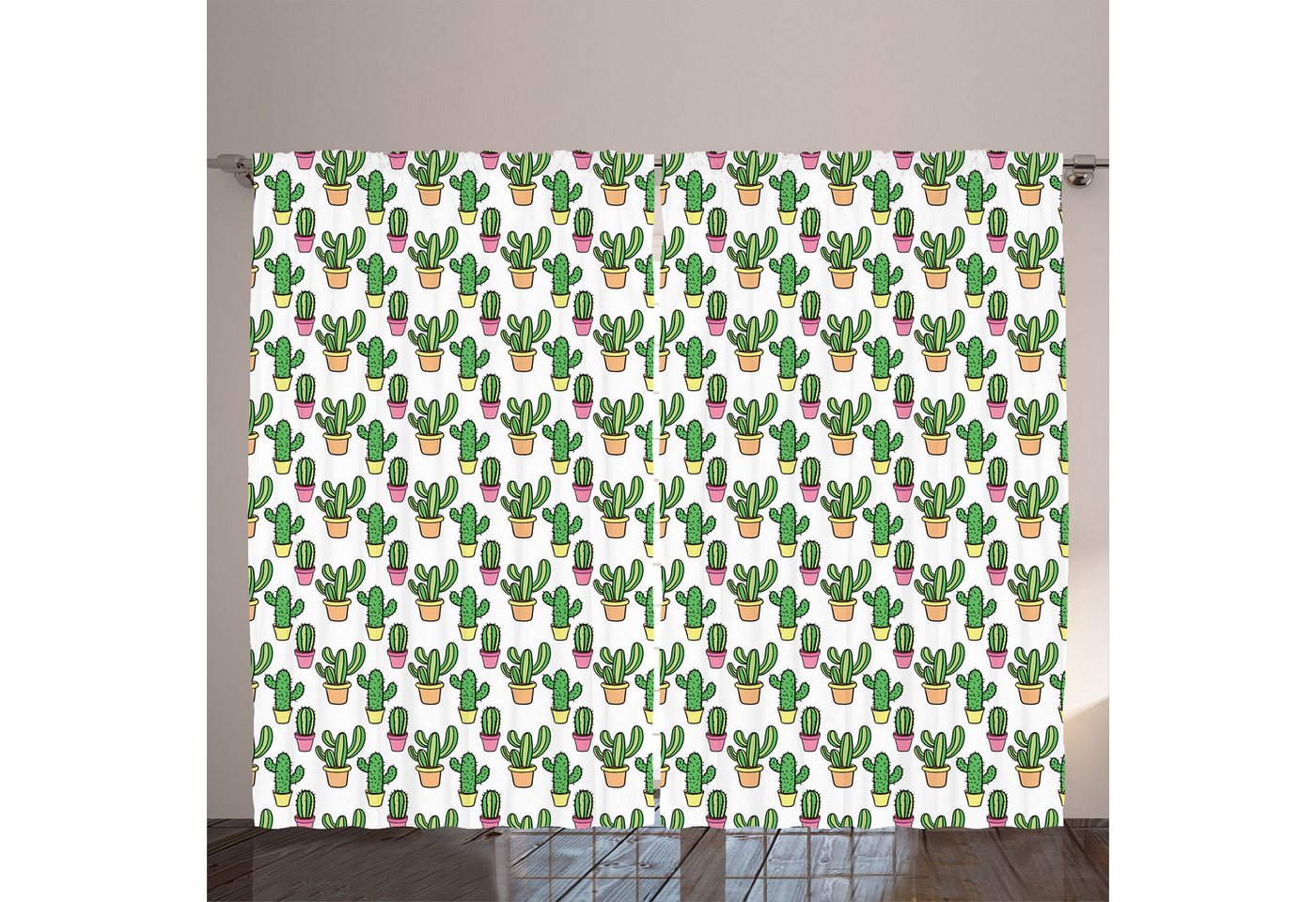 Gardine Gardinen mit Schlaufen und Haken 140 cm x 2 Vorhangbahnen, Abakuhaus, Kaktus Cartoon Blumen von Abakuhaus