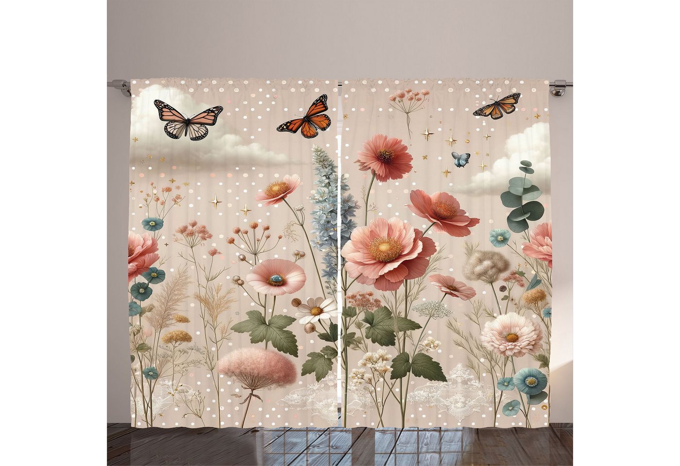 Gardine Schlafzimmer Kräuselband Vorhang mit Schlaufen und Haken, Abakuhaus, Blumiger Eukalyptus Frühlingsblühender Garten Blüten von Abakuhaus