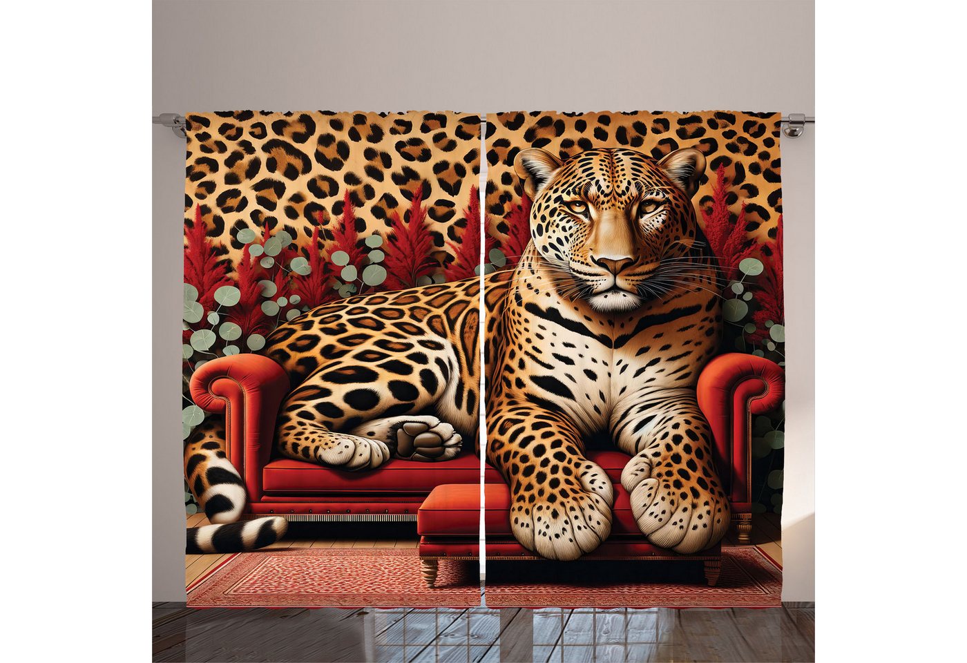 Gardine Schlafzimmer Kräuselband Vorhang mit Schlaufen und Haken, Abakuhaus, Leopard Kühne wilde Katze: Sofa Tierdruck von Abakuhaus