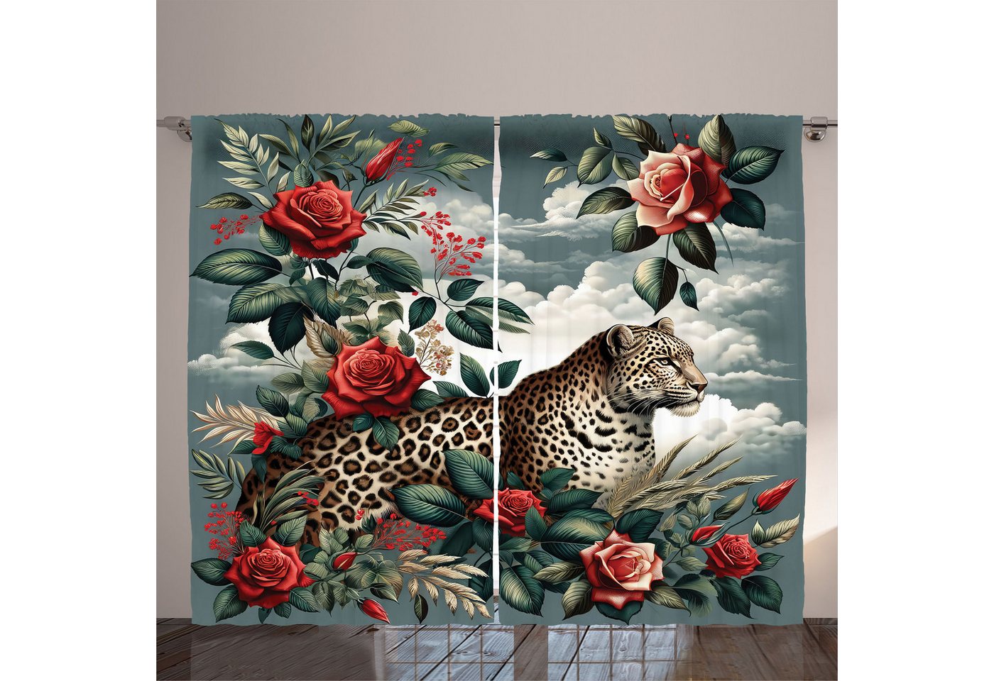 Gardine Schlafzimmer Kräuselband Vorhang mit Schlaufen und Haken, Abakuhaus, Leopard Wildes Tier und rote Rosen von Abakuhaus
