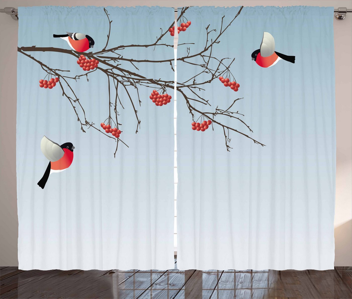 Gardine »Schlafzimmer Kräuselband Vorhang mit Schlaufen und Haken«, Abakuhaus, Eberesche Dompfaff Vögel Zweige von Abakuhaus