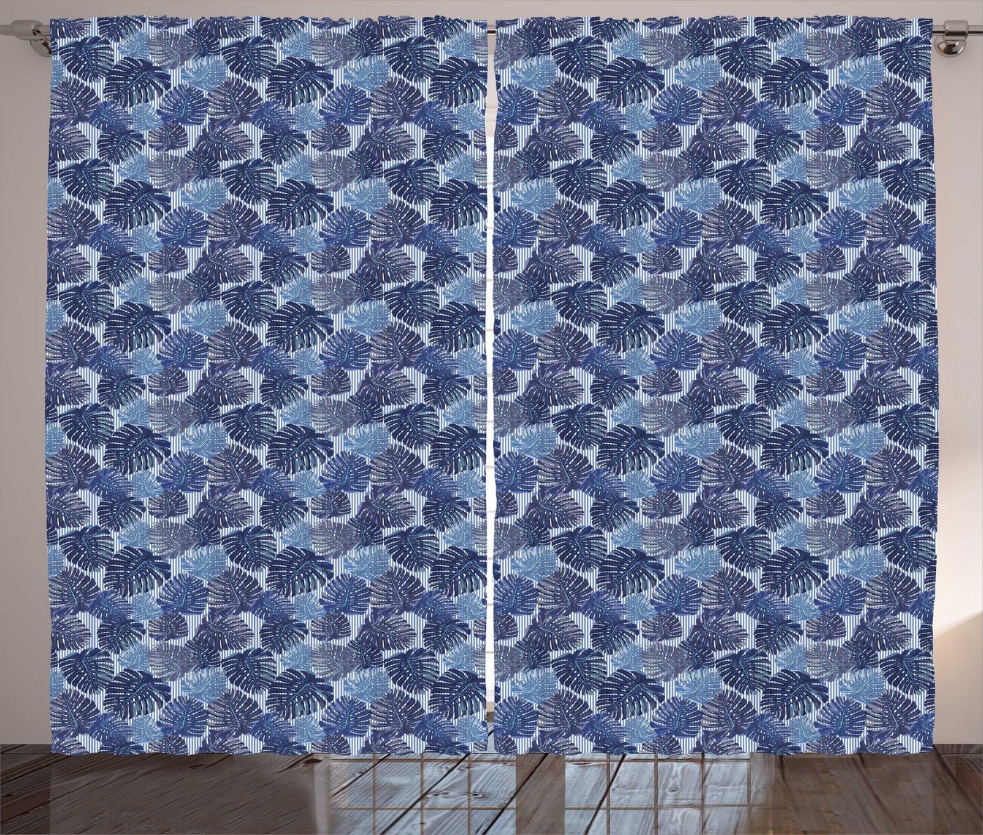 Gardine Schlafzimmer Kräuselband Vorhang mit Schlaufen und Haken, Abakuhaus, Exotische Blau-Töne Palm Blätter Motiv von Abakuhaus