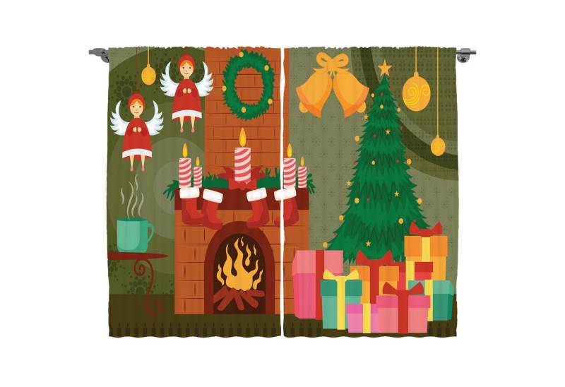 Abakuhaus Gardine Schlafzimmer Kräuselband Vorhang mit Schlaufen und Haken, Kamin Cartoon Christmas Night von Abakuhaus