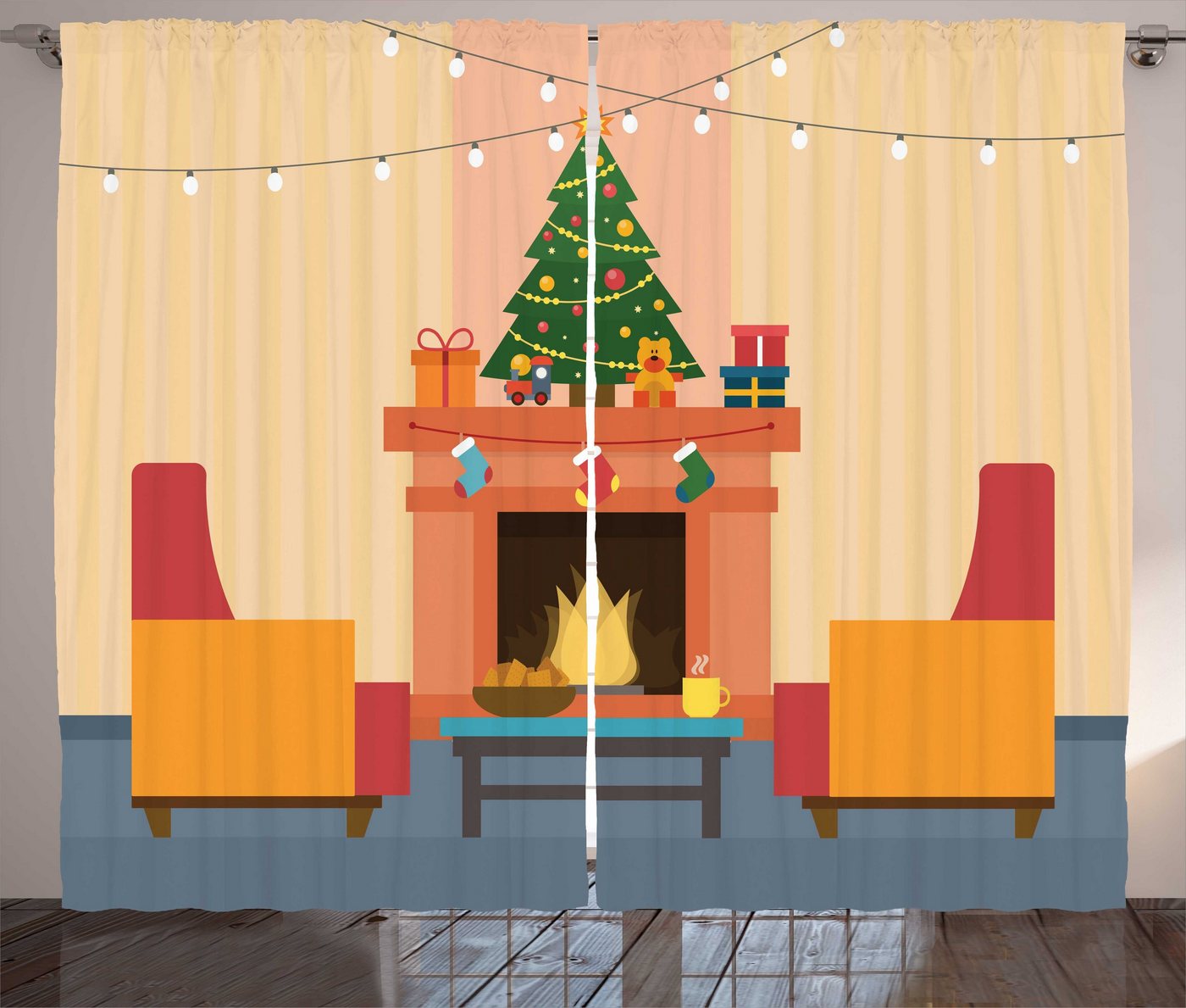 Gardine Schlafzimmer Kräuselband Vorhang mit Schlaufen und Haken, Abakuhaus, Kamin Cartoon Weihnachten Innen von Abakuhaus
