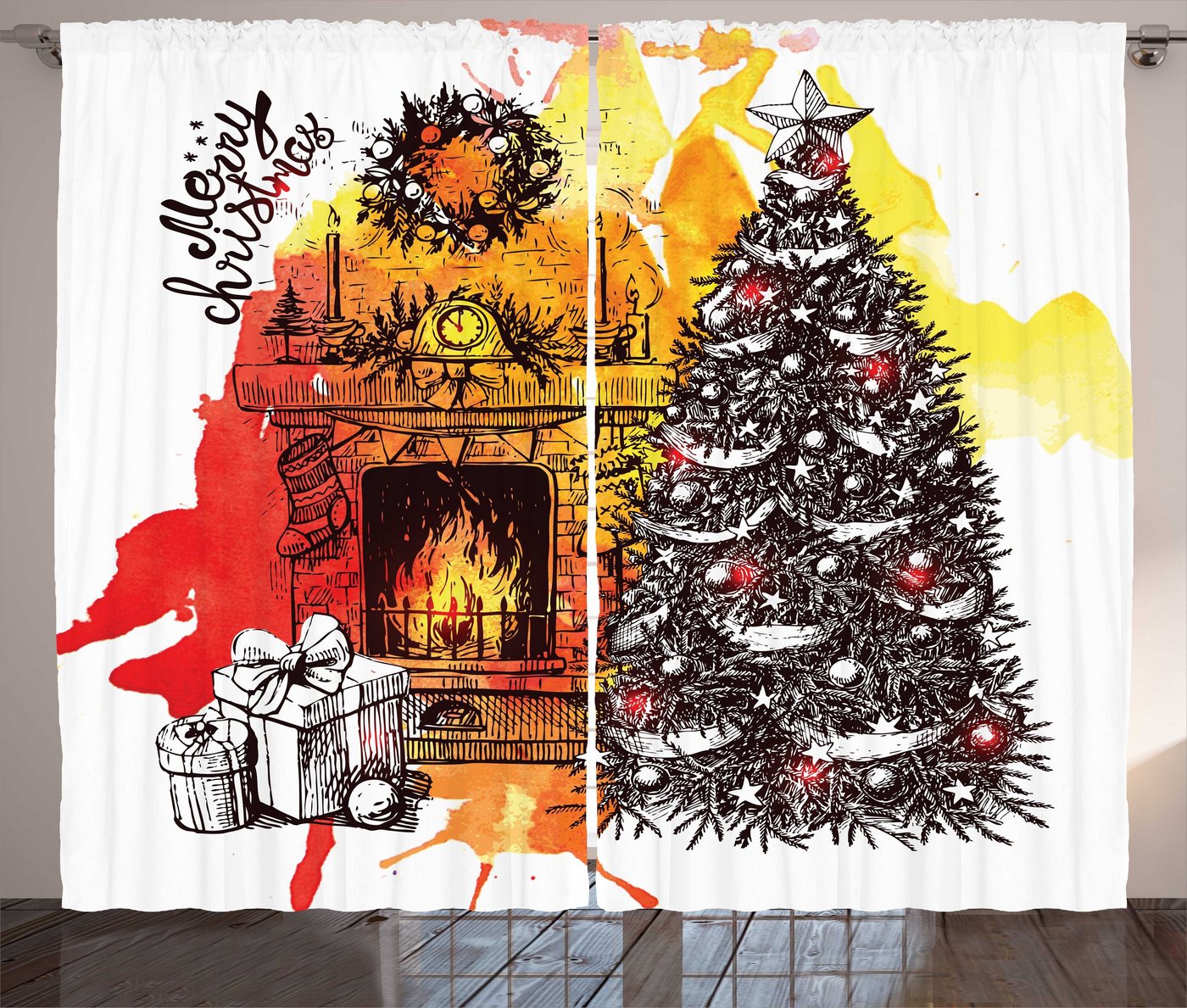 Abakuhaus Gardine Schlafzimmer Kräuselband Vorhang mit Schlaufen und Haken, Kamin Weihnachten Skizze Abakuhaus Gardine Schlafzimmer Kräuselband Vorhang mit Schlaufen und Haken, Kamin Weihnachten Skizze von Abakuhaus