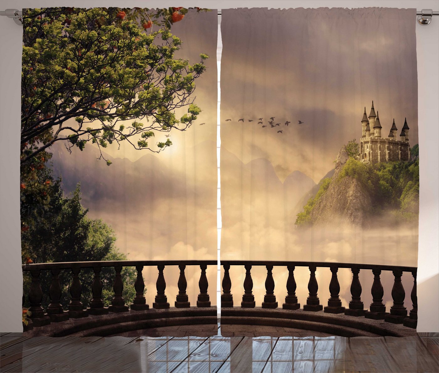 Gardine Schlafzimmer Kräuselband Vorhang mit Schlaufen und Haken, Abakuhaus, Märchen Wolkengebilde mit Schloss von Abakuhaus