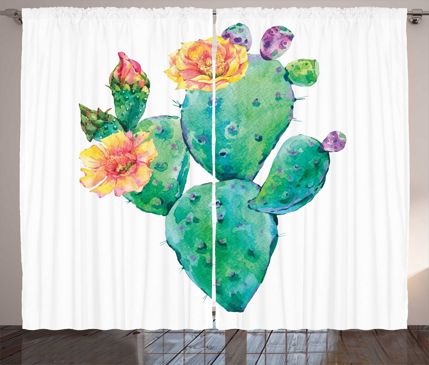 Gardine Schlafzimmer Kräuselband Vorhang mit Schlaufen und Haken, Abakuhaus, Natürliche Farbe Kaktus mit Blumen von Abakuhaus