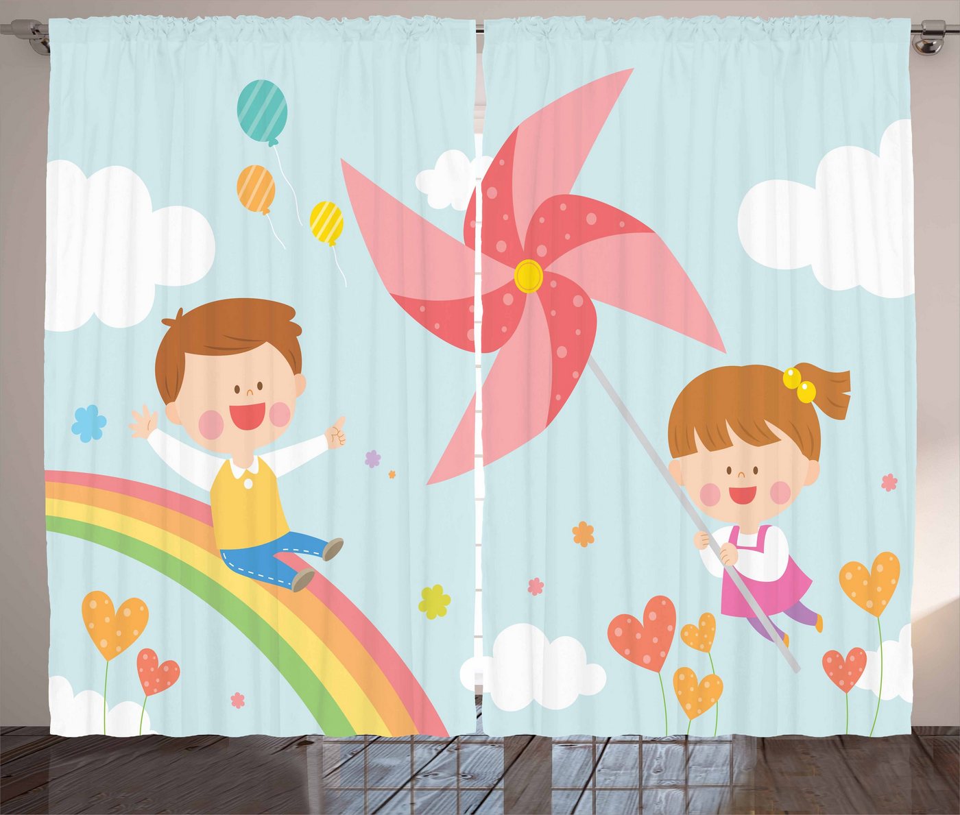 Gardine Schlafzimmer Kräuselband Vorhang mit Schlaufen und Haken, Abakuhaus, Pinwheel Kinder, die auf Regenbogen von Abakuhaus