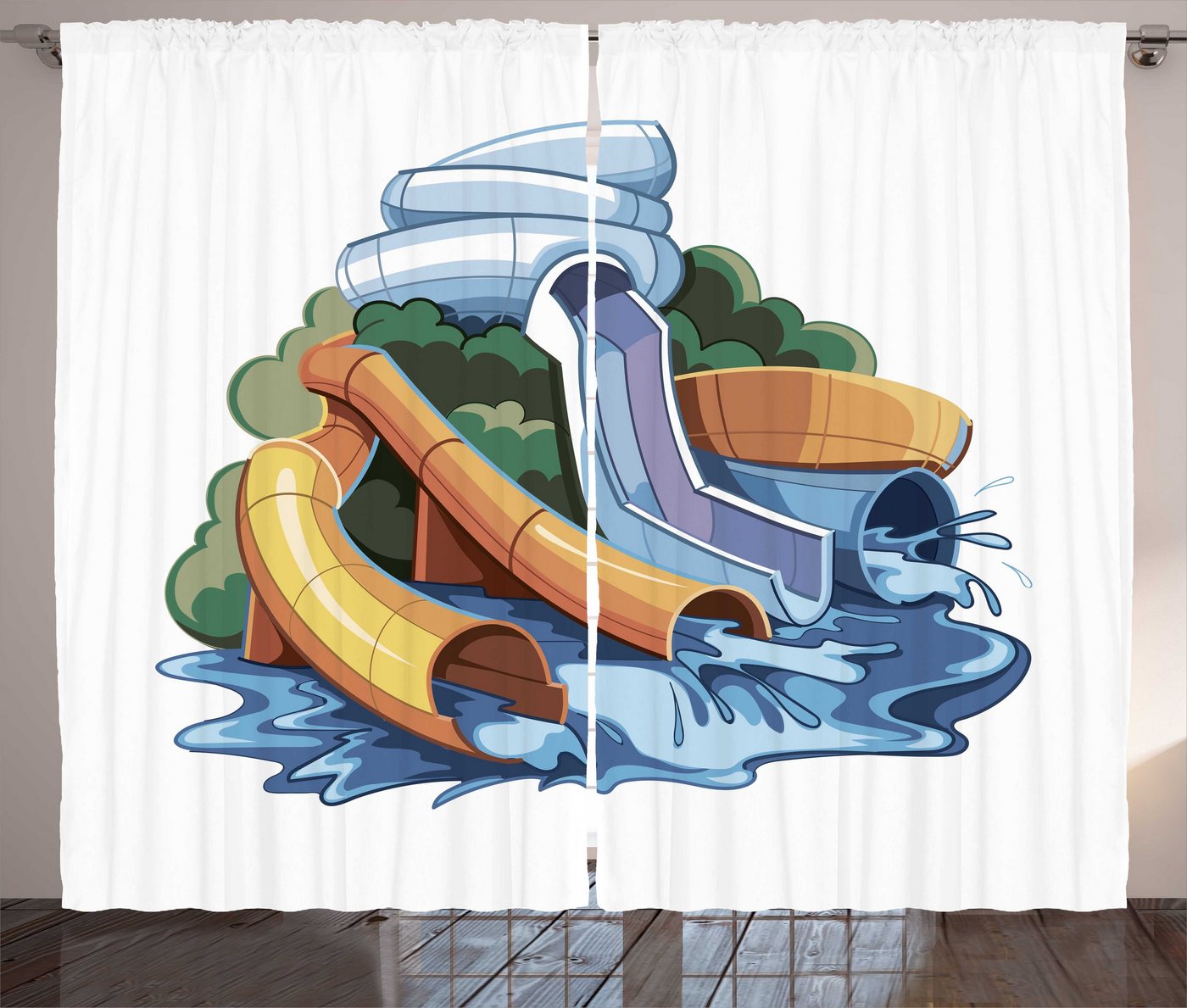 Gardine Schlafzimmer Kräuselband Vorhang mit Schlaufen und Haken, Abakuhaus, Pool-Party Aqua Park Wasserrutschen von Abakuhaus