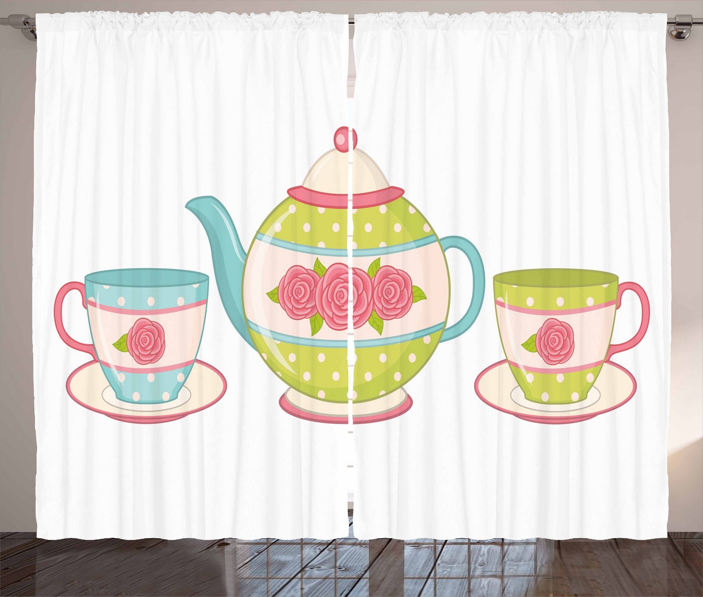 Gardine Schlafzimmer Kräuselband Vorhang mit Schlaufen und Haken, Abakuhaus, Tee Klassisches Porzellan Blumen Teekanne von Abakuhaus