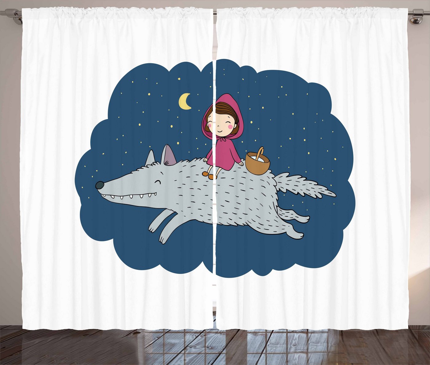 Gardine »Schlafzimmer Kräuselband Vorhang mit Schlaufen und Haken«, Abakuhaus, Tier Karikatur-Mädchen auf riesigen Wolf von Abakuhaus