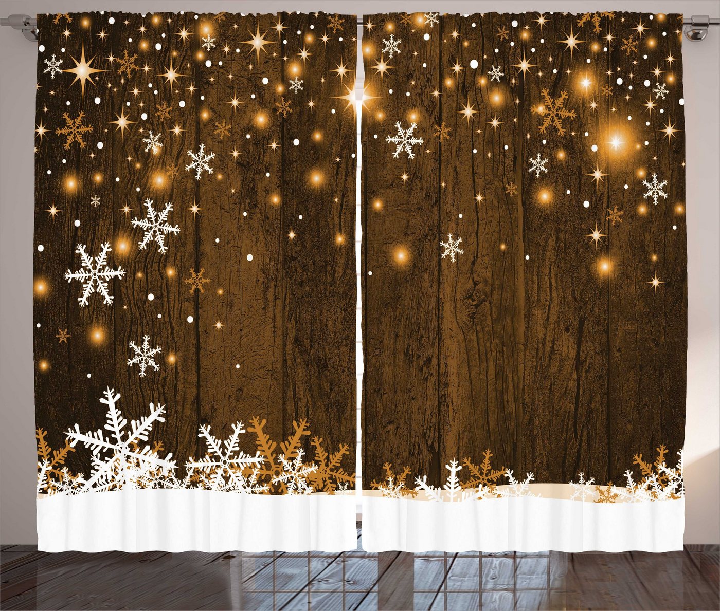 Gardine Schlafzimmer Kräuselband Vorhang mit Schlaufen und Haken, Abakuhaus, Weihnachten Holz und Schneeflocken von Abakuhaus
