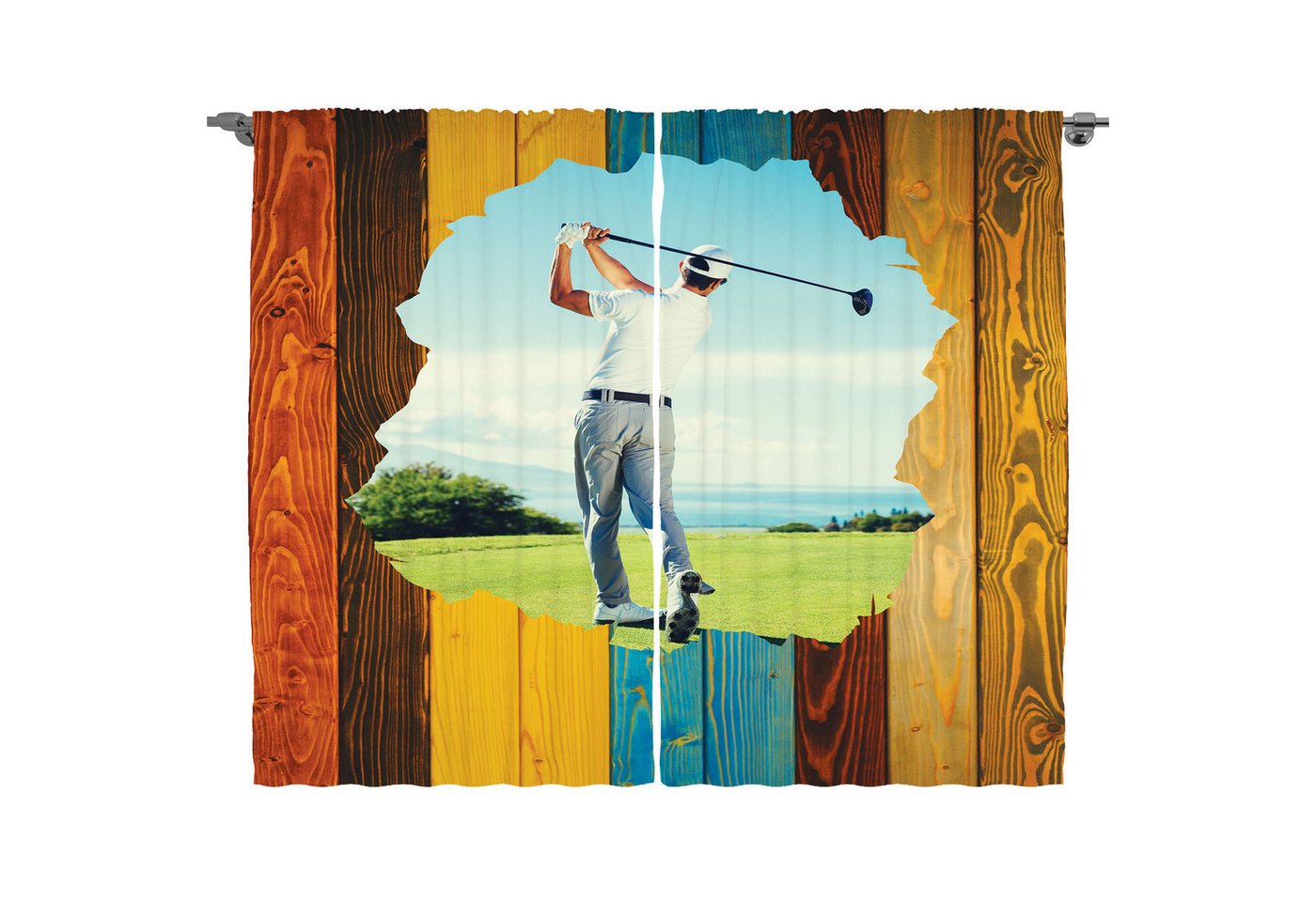 Abakuhaus Gardine Schlafzimmer Kräuselband Vorhang mit Schlaufen und Haken, Wolf Rückansicht von Golfer Mann aus Holz von Abakuhaus