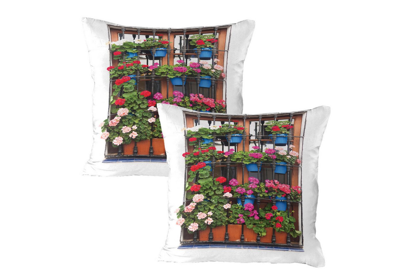 Abakuhaus Kissenbezüge Dekorativer Standard Gedruckter Kissenbezug, (2 Stück), Pelargonien Blumentöpfe auf alten Fenster von Abakuhaus