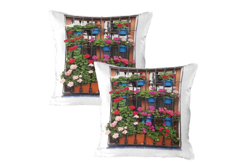 Abakuhaus Kissenbezüge Dekorativer Standard Gedruckter Kissenbezug, (2 Stück), Pelargonien Blumentöpfe auf alten Fenster von Abakuhaus