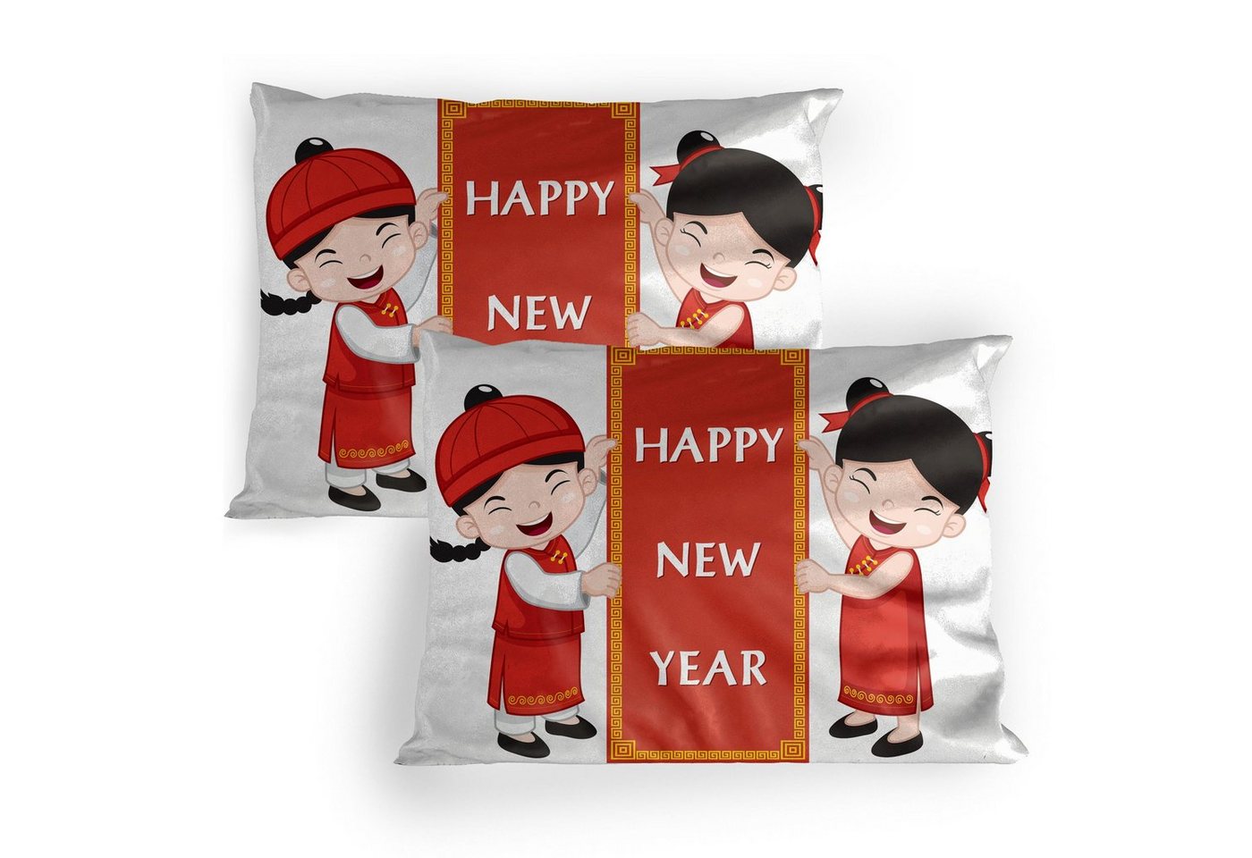Kissenbezüge Dekorativer Standard Gedruckter Kissenbezug, Abakuhaus (2 Stück), Chinesisches Neujahr Glückliche Kinder von Abakuhaus