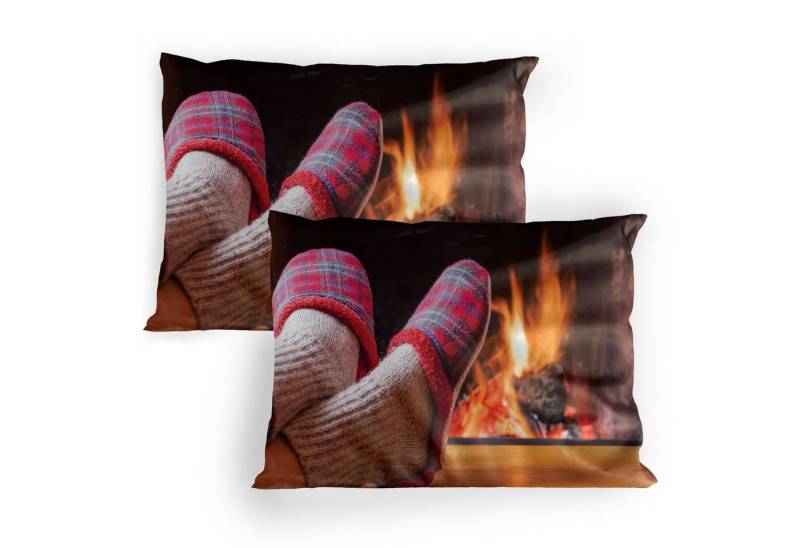 Abakuhaus Kissenbezüge Dekorativer Standard Gedruckter Kissenbezug, (2 Stück), Kamin Gemütliche Socken und Hausschuhe von Abakuhaus