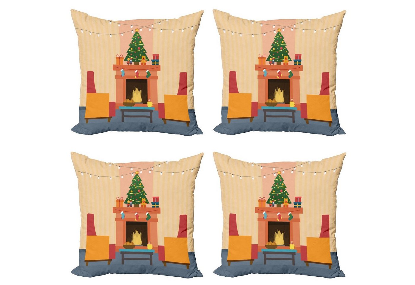 Kissenbezüge Modern Accent Doppelseitiger Digitaldruck, Abakuhaus (4 Stück), Kamin Cartoon Weihnachten Innen von Abakuhaus