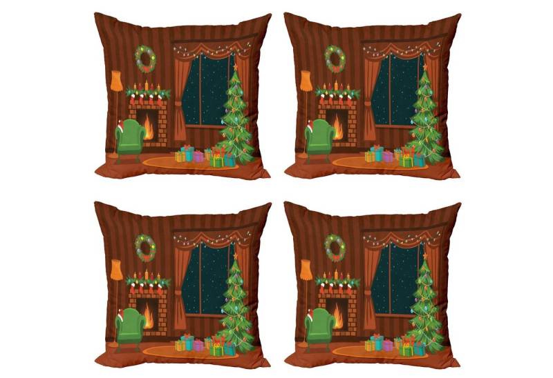 Abakuhaus Kissenbezüge Modern Accent Doppelseitiger Digitaldruck, (4 Stück), Kamin Cartoon-Weihnachtszimmer von Abakuhaus