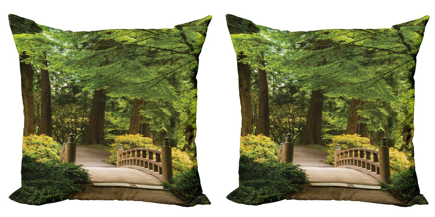 Kissenbezüge Modern Accent Doppelseitiger Digitaldruck, Abakuhaus (2 Stück), Wald Hölzerne Brücke über Teich von Abakuhaus