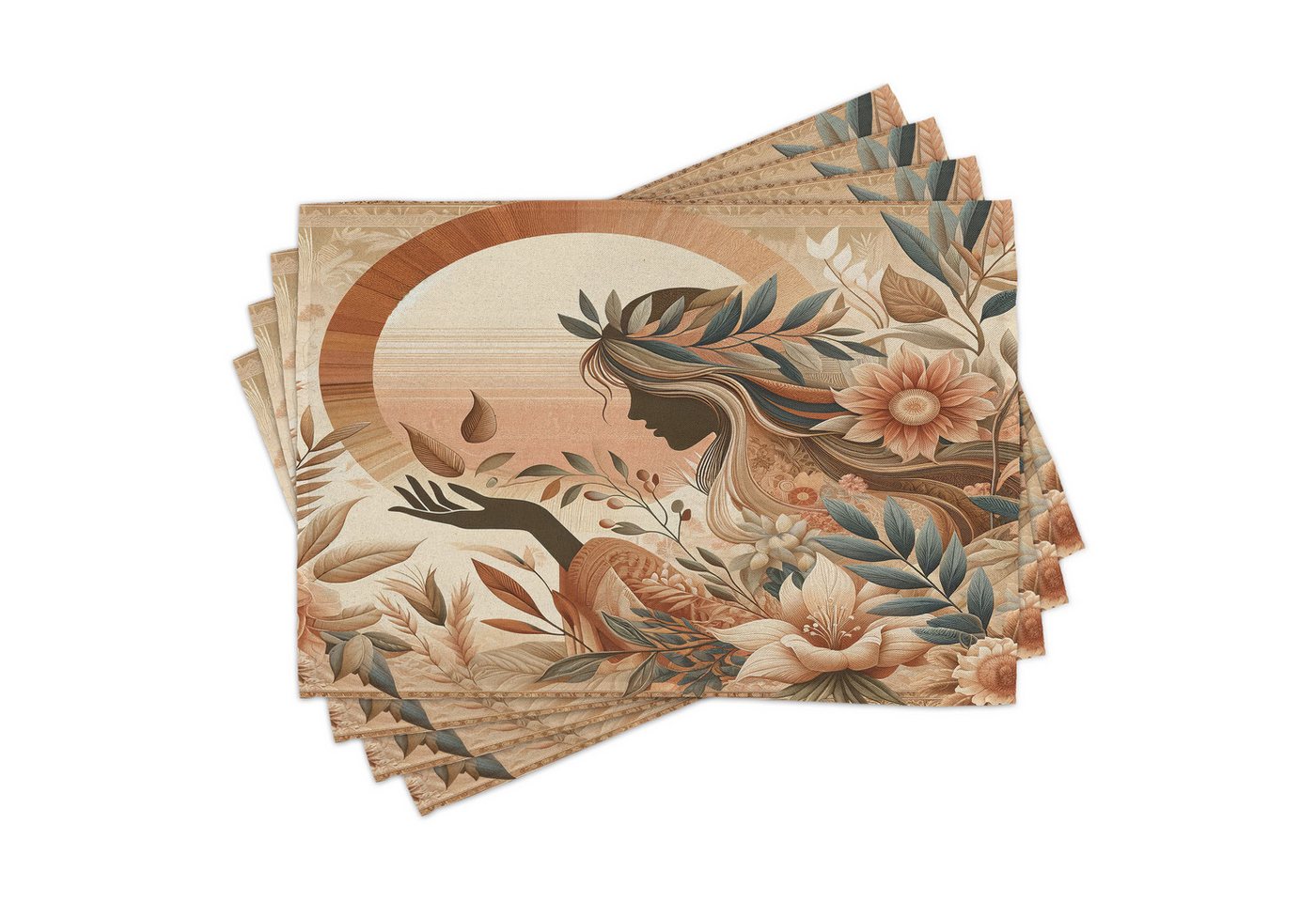 Platzset, Waschbare Stoff Esszimmer Küche Tischdekorations Digitaldruck, Abakuhaus, (4-teilig, 4-St., Set aus 4x), Boho Peachy Hues Nature Lady Botanik von Abakuhaus