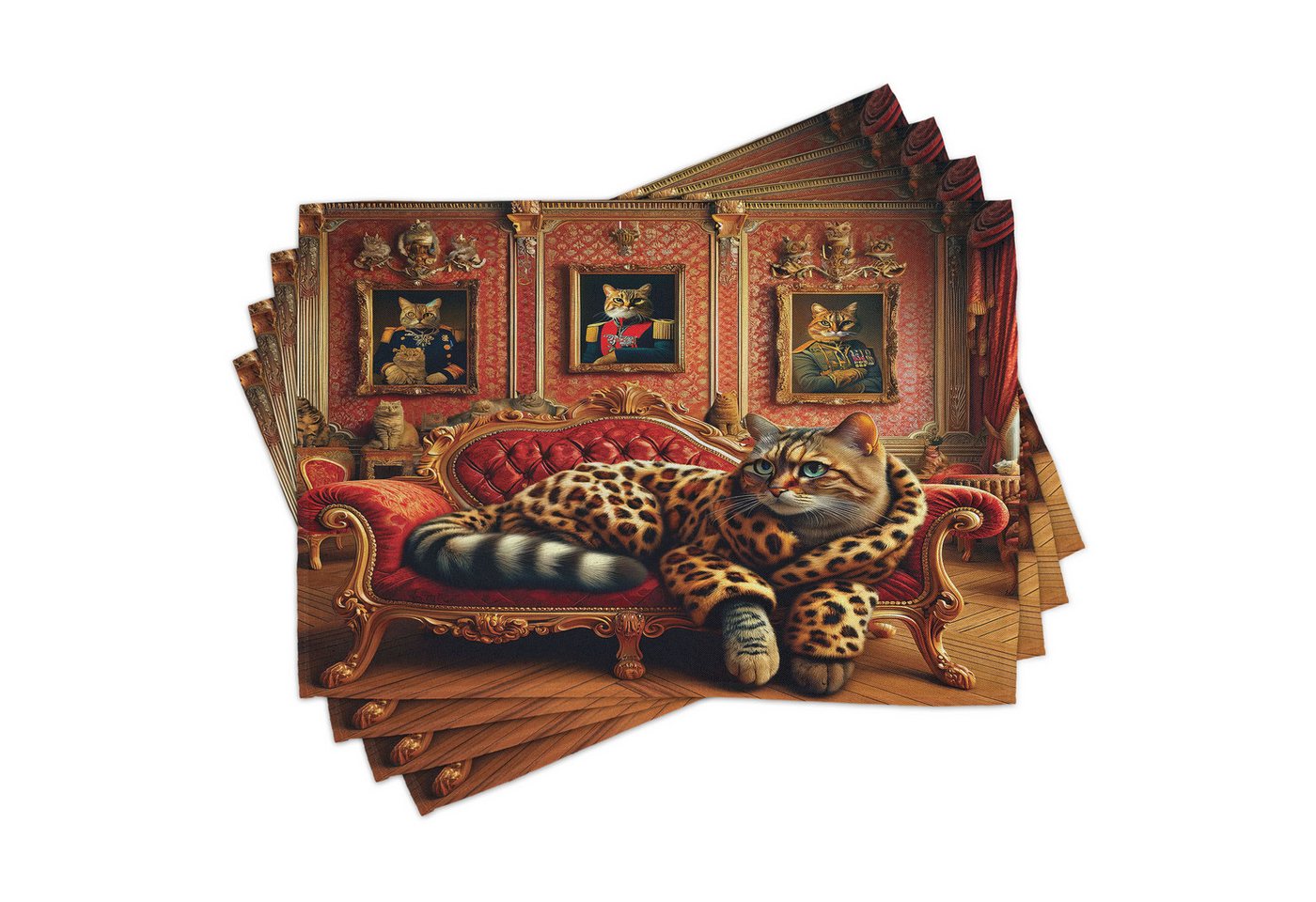 Platzset, Waschbare Stoff Esszimmer Küche Tischdekorations Digitaldruck, Abakuhaus, (4-teilig, 4-St., Set aus 4x), Katze Kätzchen in Leopard auf Couch von Abakuhaus