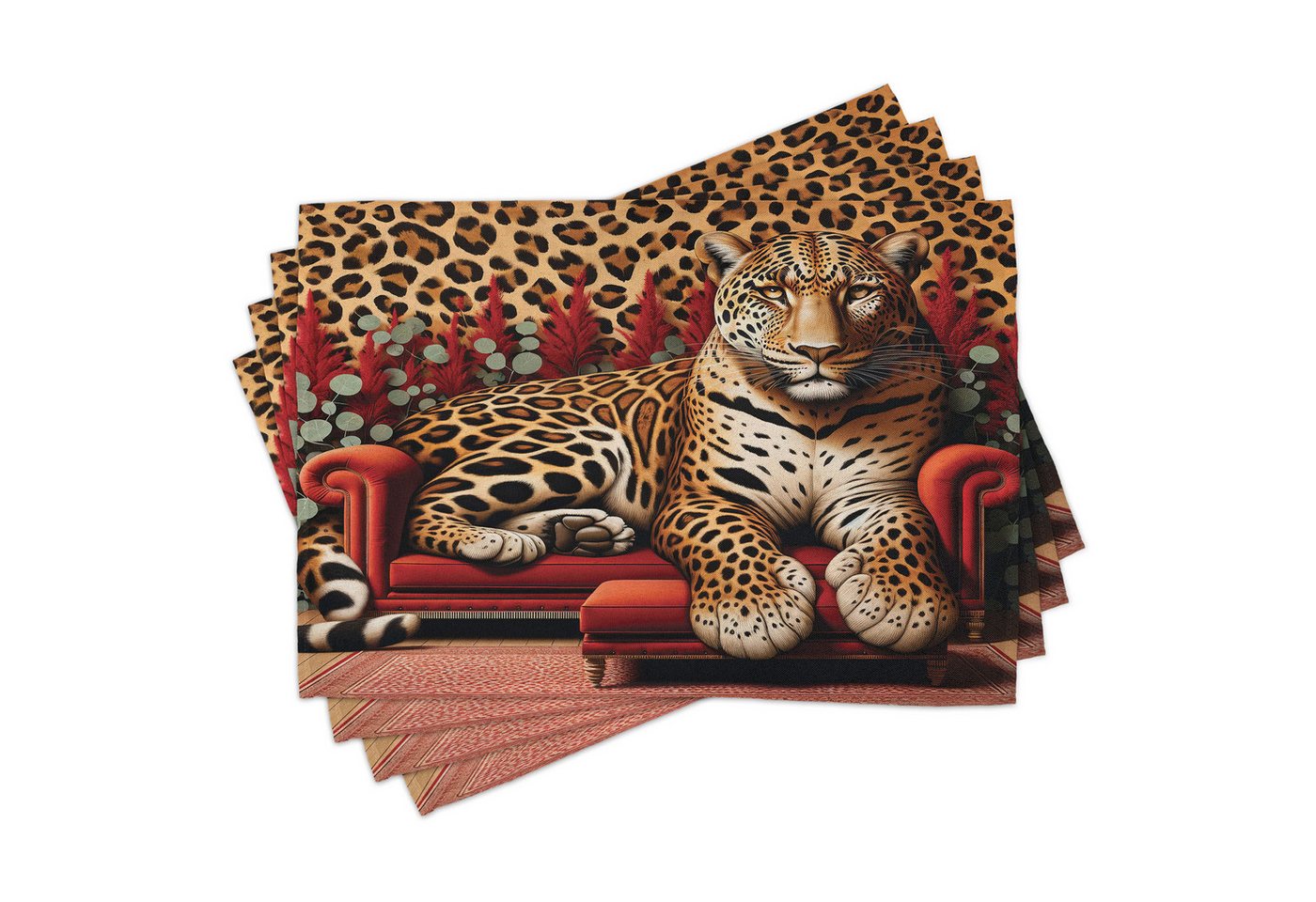 Platzset, Waschbare Stoff Esszimmer Küche Tischdekorations Digitaldruck, Abakuhaus, (4-teilig, 4-St., Set aus 4x), Leopard Kühne wilde Katze: Sofa Tierdruck von Abakuhaus