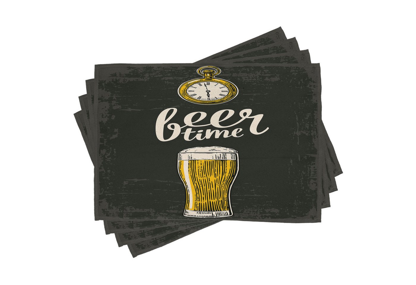 Abakuhaus Platzset Waschbare Stoff Esszimmer Küche Tischdekorations Digitaldruck, (4-teilig, 4-St., Set aus 4x), Bier Bier-Zeit und Alte Uhr von Abakuhaus