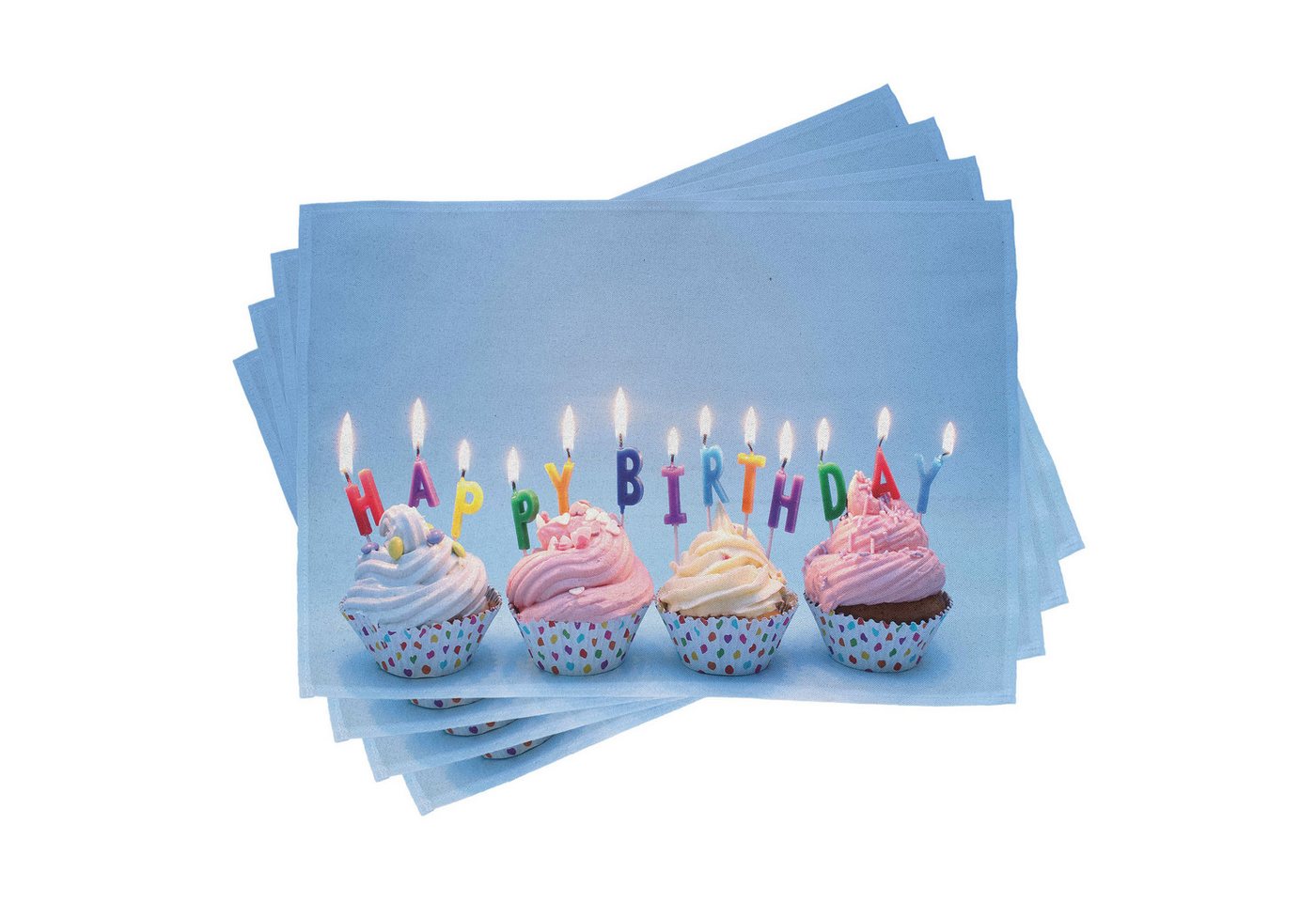 Abakuhaus Platzset Waschbare Stoff Esszimmer Küche Tischdekorations Digitaldruck, (4-teilig, 4-St., Set aus 4x), Blau Cupcakes Brief Kerzen von Abakuhaus