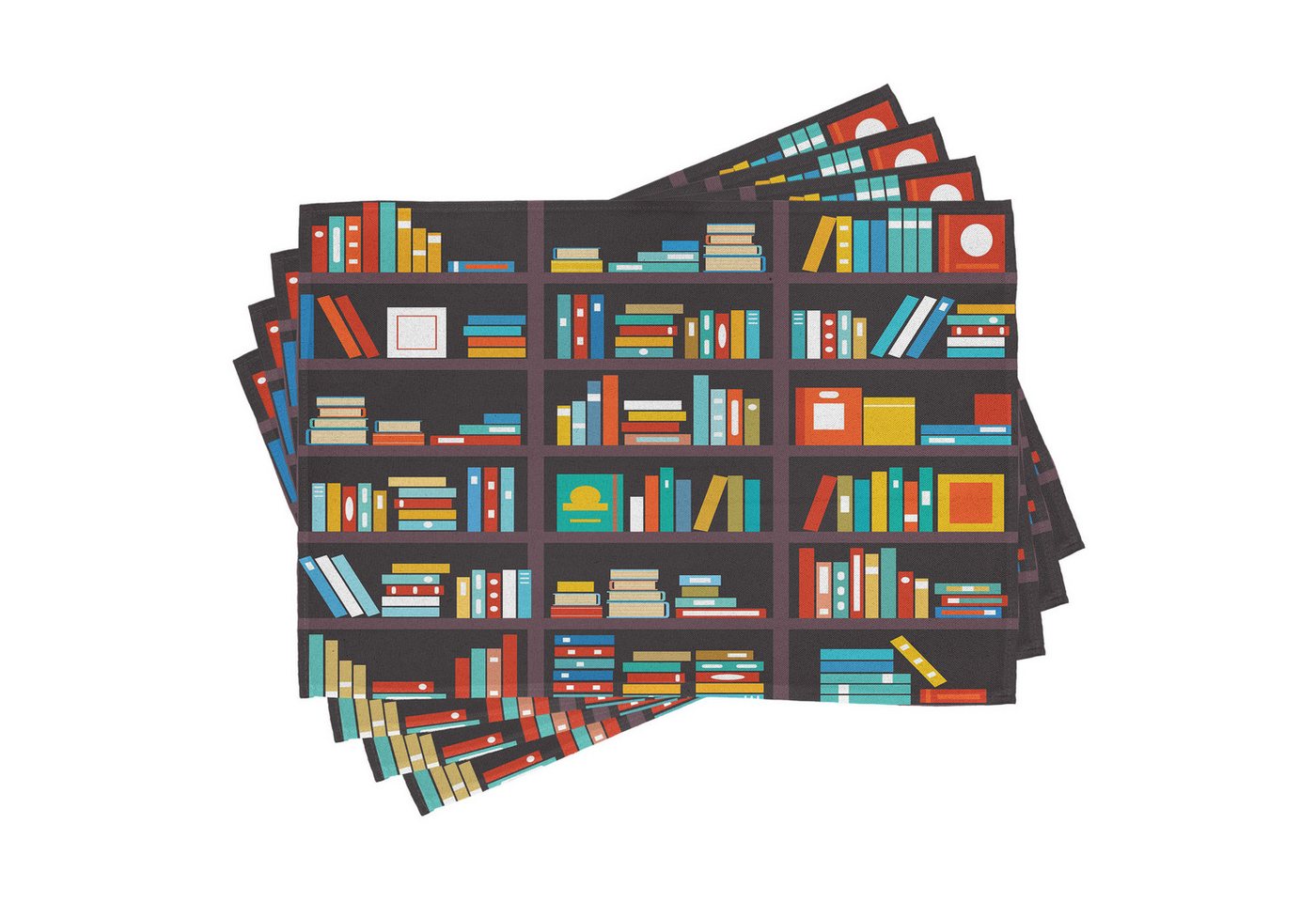 Abakuhaus Platzset Waschbare Stoff Esszimmer Küche Tischdekorations Digitaldruck, (4-teilig, 4-St., Set aus 4x), Bücherregal Cartoon-bunte Bücher von Abakuhaus