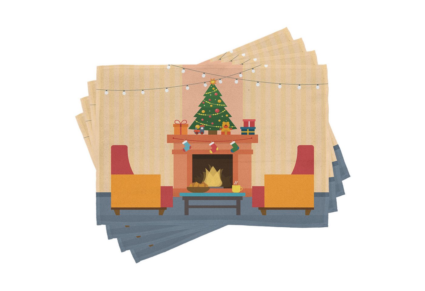 Abakuhaus Platzset Waschbare Stoff Esszimmer Küche Tischdekorations Digitaldruck, (4-teilig, 4-St., Set aus 4x), Kamin Cartoon Weihnachten Innen von Abakuhaus