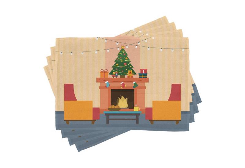 Abakuhaus Platzset Waschbare Stoff Esszimmer Küche Tischdekorations Digitaldruck, (4-teilig, 4-St., Set aus 4x), Kamin Cartoon Weihnachten Innen von Abakuhaus