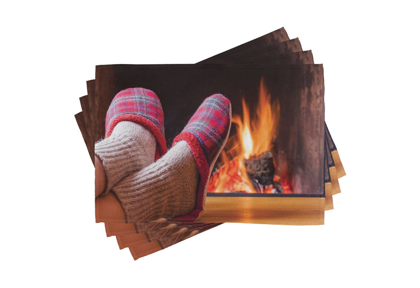 Abakuhaus Platzset Waschbare Stoff Esszimmer Küche Tischdekorations Digitaldruck, (4-teilig, 4-St., Set aus 4x), Kamin Gemütliche Socken und Hausschuhe von Abakuhaus