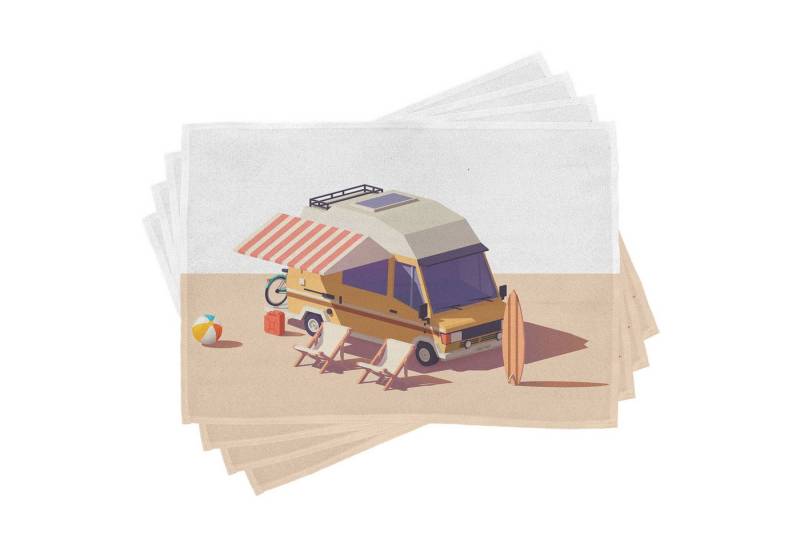 Abakuhaus Platzset Waschbare Stoff Esszimmer Küche Tischdekorations Digitaldruck, (4-teilig, 4-St., Set aus 4x), RV Camper Van Stühle und Surfbrett von Abakuhaus