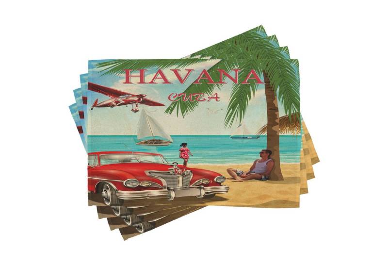 Abakuhaus Platzset Waschbare Stoff Esszimmer Küche Tischdekorations Digitaldruck, (4-teilig, 4-St., Set aus 4x), Reise Retro Havana Kuba Auto Strand von Abakuhaus