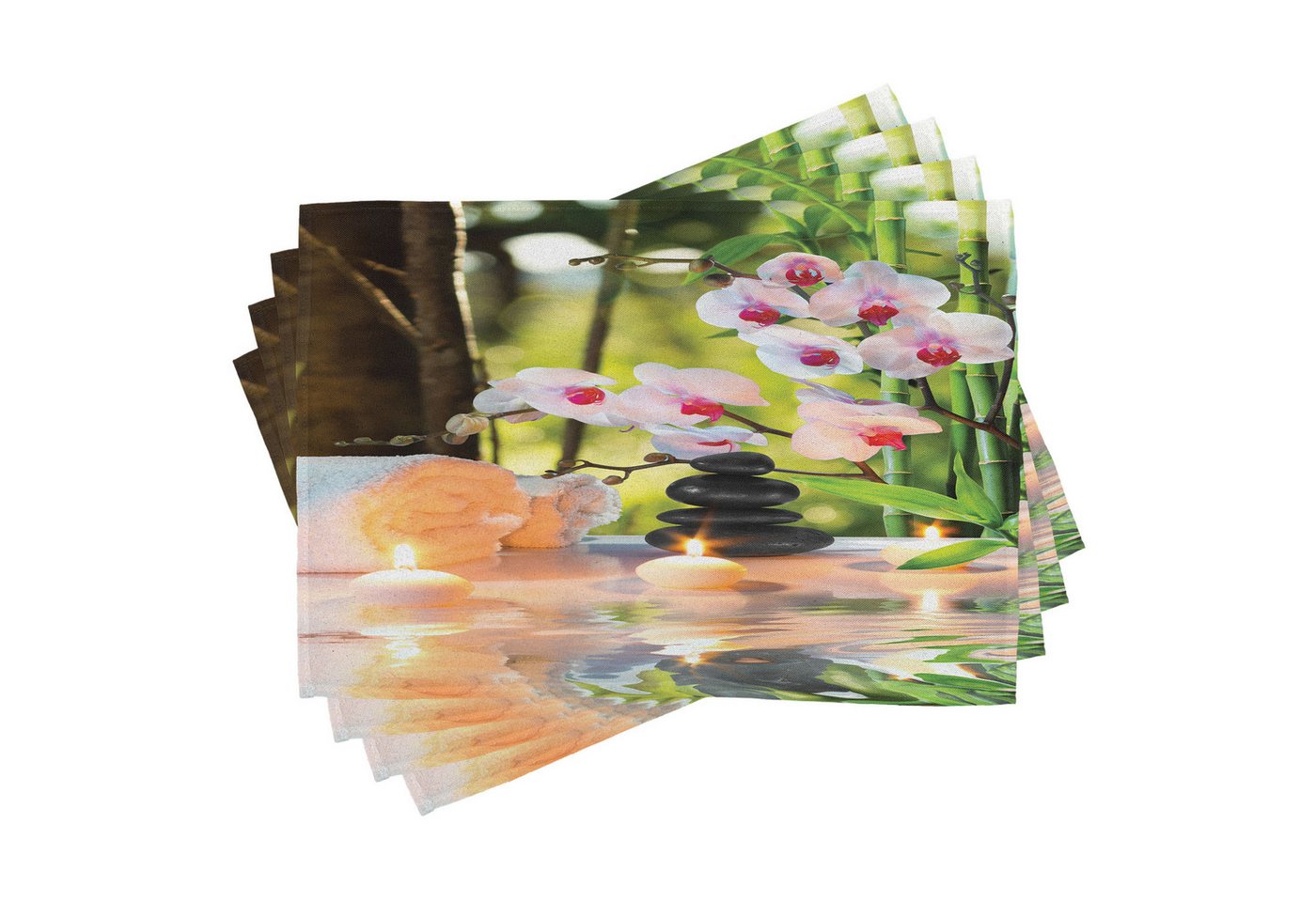 Abakuhaus Platzset Waschbare Stoff Esszimmer Küche Tischdekorations Digitaldruck, (4-teilig, 4-St., Set aus 4x), Spa Spa mit Kerzen Orchideen von Abakuhaus