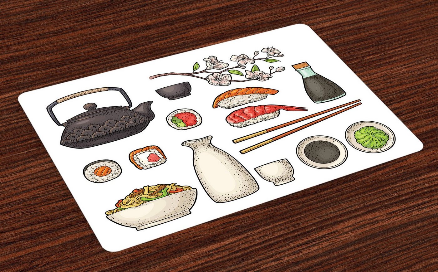 Platzset, Waschbare Stoff Esszimmer Küche Tischdekorations Digitaldruck, Abakuhaus, (4-teilig, 4 Teilig-St., Set aus 4x), Wasabi Japan Teekanne Sakura Sushi von Abakuhaus