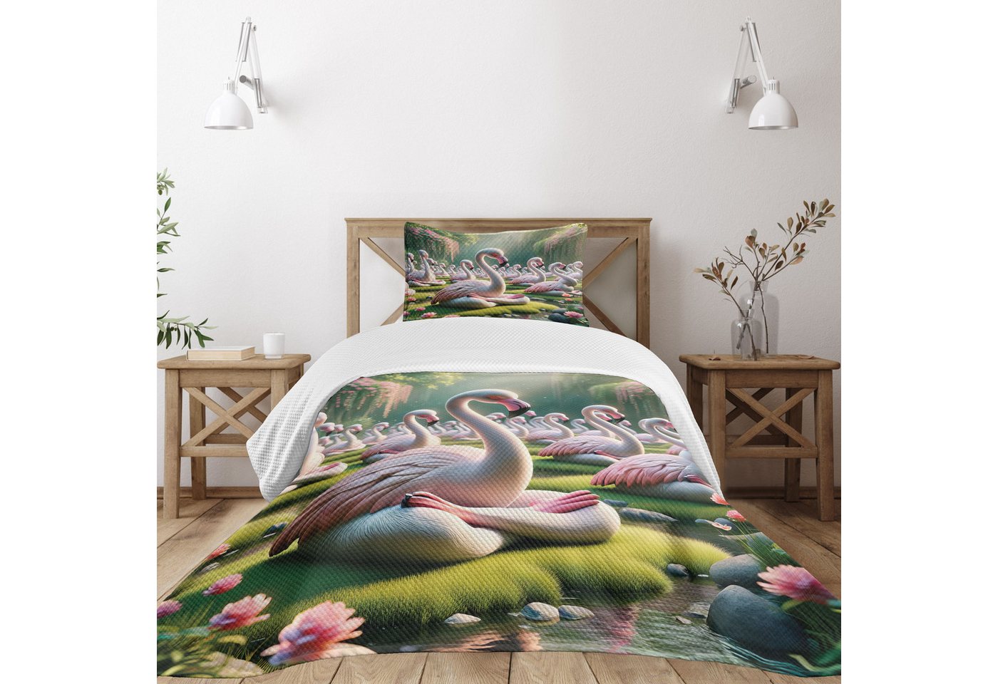 Tagesdecke Set mit Kissenbezügen Waschbar, Abakuhaus, Flamingo Heitere Vogel Natur Szene von Abakuhaus