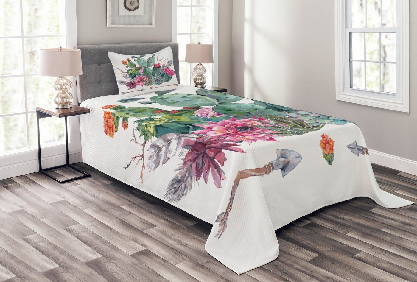 Tagesdecke Set mit Kissenbezügen Waschbar, Abakuhaus, Kaktus Blumenstrauß in Boho Style-Pfeil von Abakuhaus