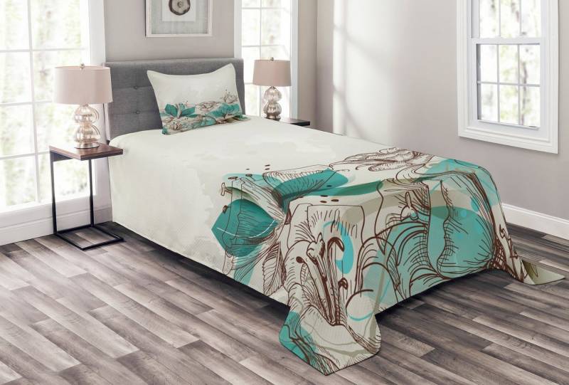 Abakuhaus Tagesdecke Set mit Kissenbezügen Waschbar, Türkis Retro Hibiscus Kunst von Abakuhaus