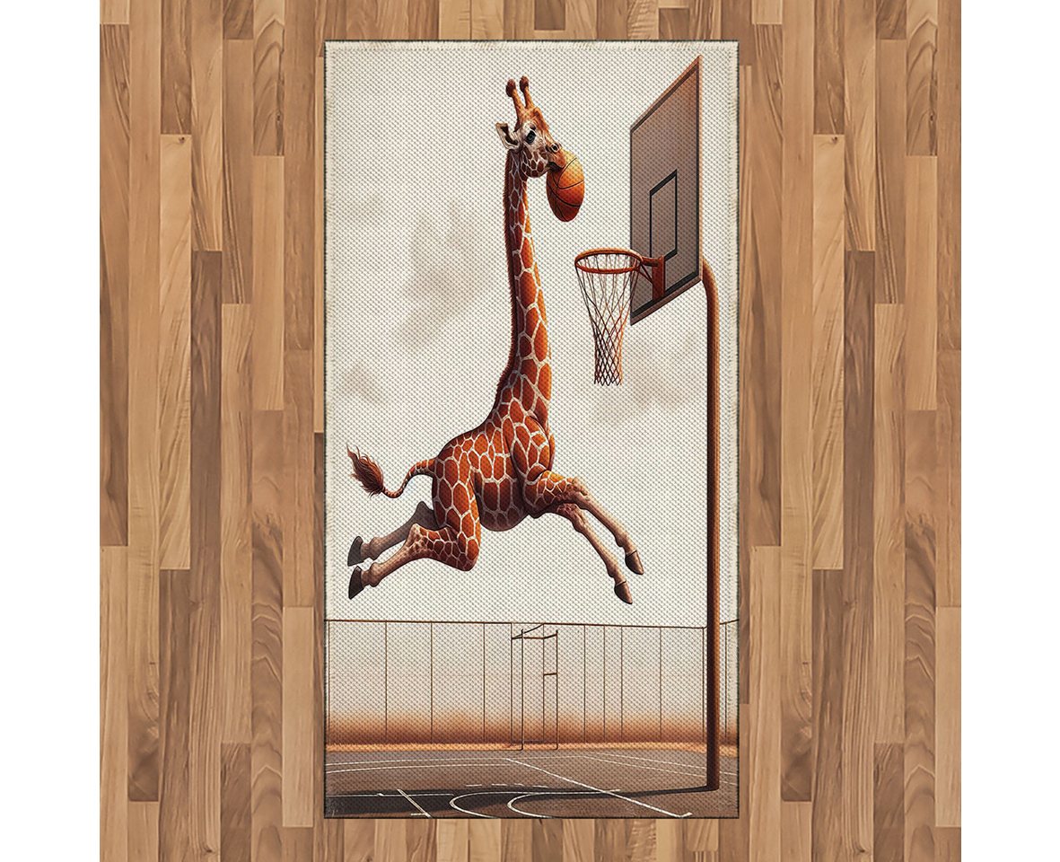 Teppich Flachgewebe Deko-Teppiche für das Wohn-,Schlaf-, und Essenszimmer, Abakuhaus, rechteckig, Basketball Humor Lustiger Giraffe Dunk von Abakuhaus
