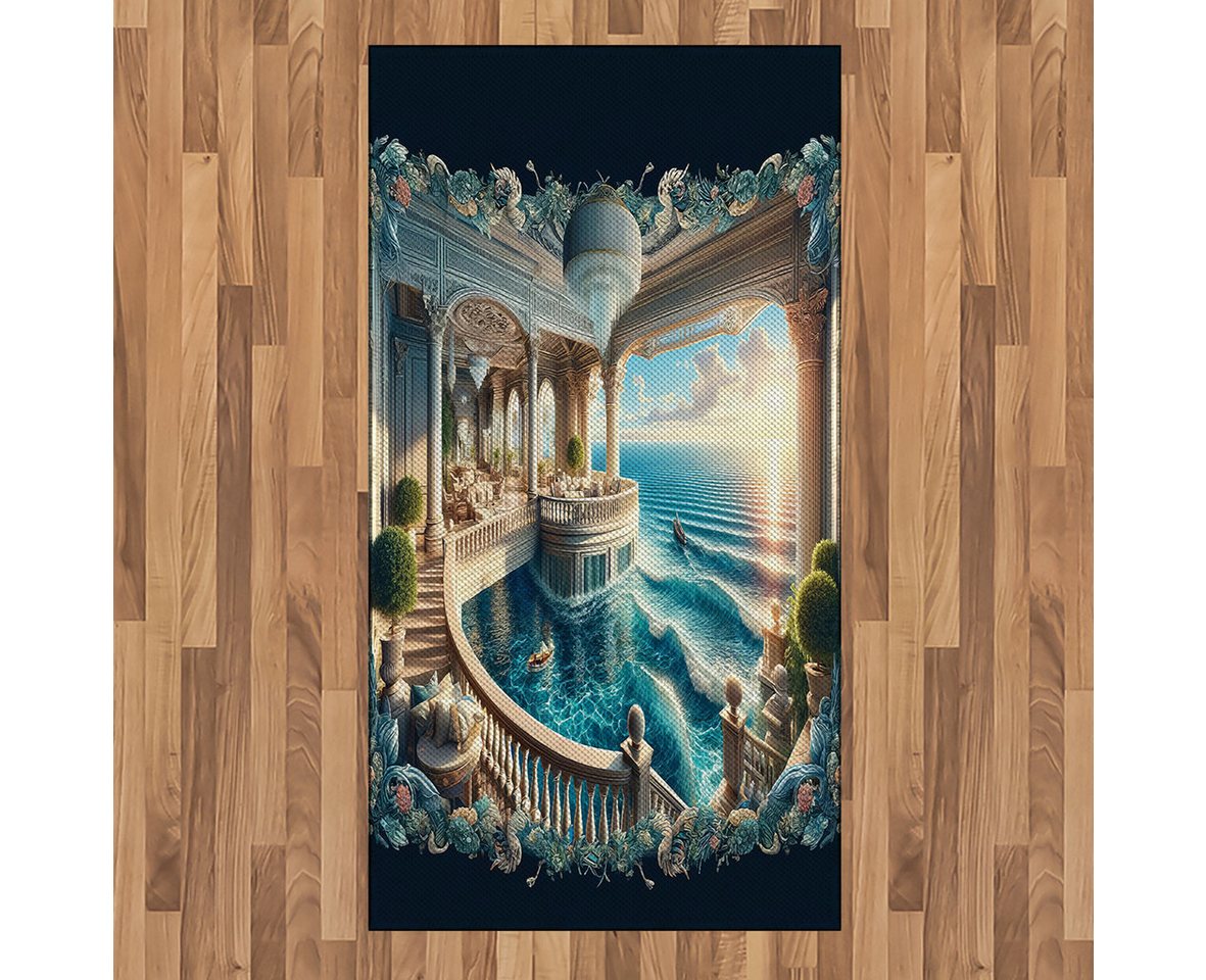 Teppich Flachgewebe Deko-Teppiche für das Wohn-,Schlaf-, und Essenszimmer, Abakuhaus, rechteckig, Fantasiewelt Balkon zum Meer von Abakuhaus