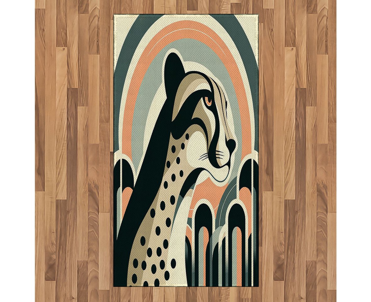 Teppich Flachgewebe Deko-Teppiche für das Wohn-,Schlaf-, und Essenszimmer, Abakuhaus, rechteckig, Gepard Pastell Mid Century Ovale Wild Animal von Abakuhaus